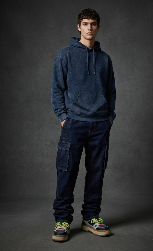 Navy Blue Unisex Acid Wash Hoodie